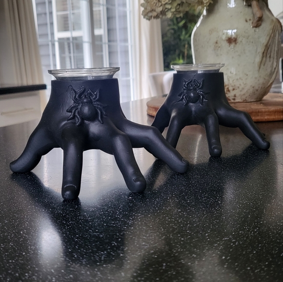 Holiday Adams Family Style Halloween Hand Candle Holders A Pair Black